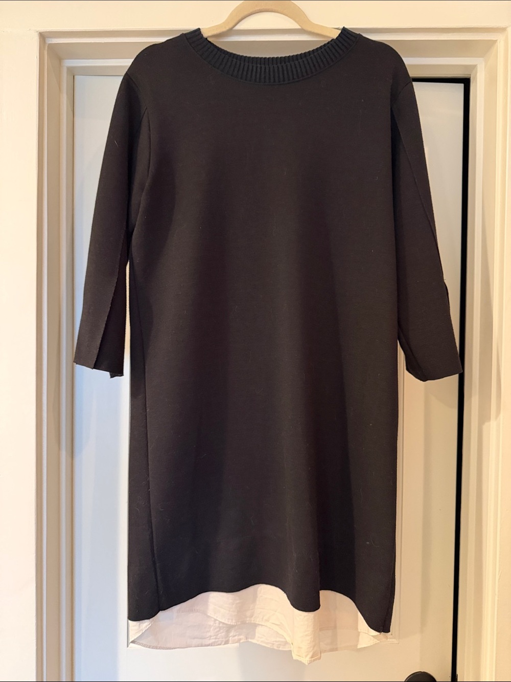 Ami Black Ribbed-Neck Black Crew Sweater Dress with White Accent at the Hem
